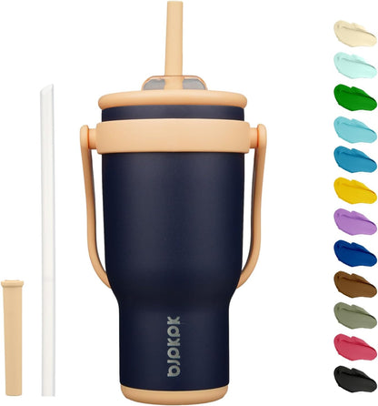 14 oz Insulated Water Bottle with Handle & Straw, Stainless Steel | Double Wall Vacuum, Leak Proof, Sweatproof, Wide Mouth, BPA Free, Dishwasher Safe, Keeps Cold/Hot, Travel, Green