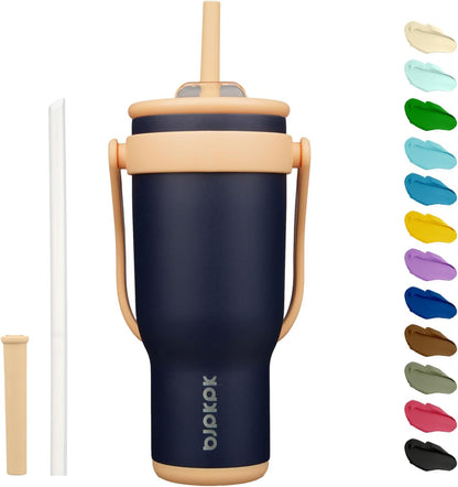14 oz Insulated Water Bottle with Handle & Straw, Stainless Steel | Double Wall Vacuum, Leak Proof, Sweatproof, Wide Mouth, BPA Free, Dishwasher Safe, Keeps Cold/Hot, Travel, Green