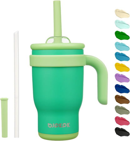 14 oz Insulated Water Bottle with Handle & Straw, Stainless Steel | Double Wall Vacuum, Leak Proof, Sweatproof, Wide Mouth, BPA Free, Dishwasher Safe, Keeps Cold/Hot, Travel, Green