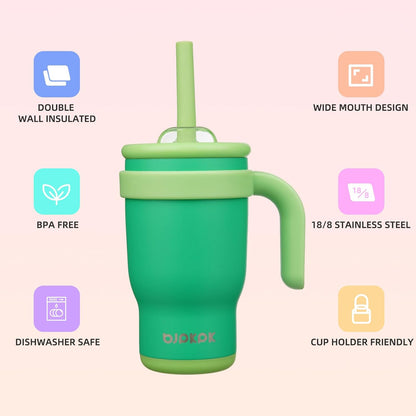 14 oz Insulated Water Bottle with Handle & Straw, Stainless Steel | Double Wall Vacuum, Leak Proof, Sweatproof, Wide Mouth, BPA Free, Dishwasher Safe, Keeps Cold/Hot, Travel, Green