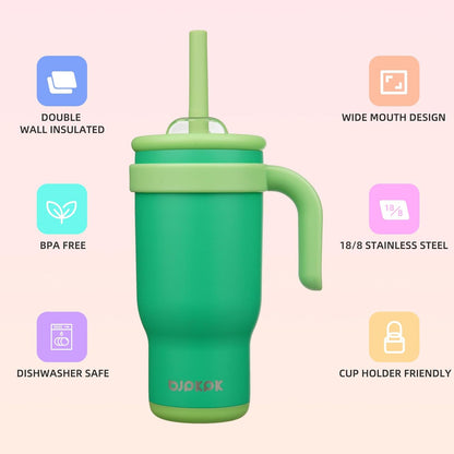 14 oz Insulated Water Bottle with Handle & Straw, Stainless Steel | Double Wall Vacuum, Leak Proof, Sweatproof, Wide Mouth, BPA Free, Dishwasher Safe, Keeps Cold/Hot, Travel, Green