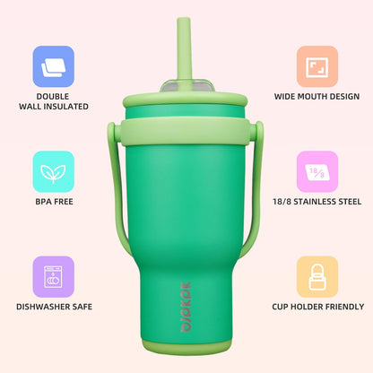 14 oz Insulated Water Bottle with Handle & Straw, Stainless Steel | Double Wall Vacuum, Leak Proof, Sweatproof, Wide Mouth, BPA Free, Dishwasher Safe, Keeps Cold/Hot, Travel, Green