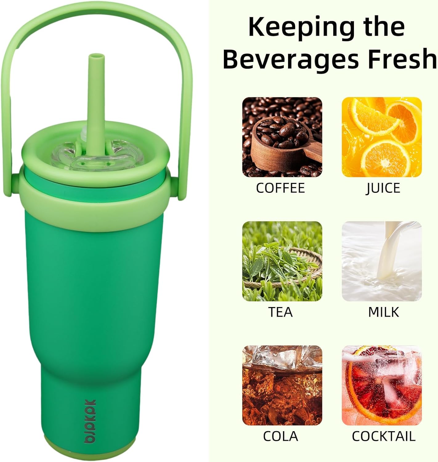 14 oz Insulated Water Bottle with Handle & Straw, Stainless Steel | Double Wall Vacuum, Leak Proof, Sweatproof, Wide Mouth, BPA Free, Dishwasher Safe, Keeps Cold/Hot, Travel, Green