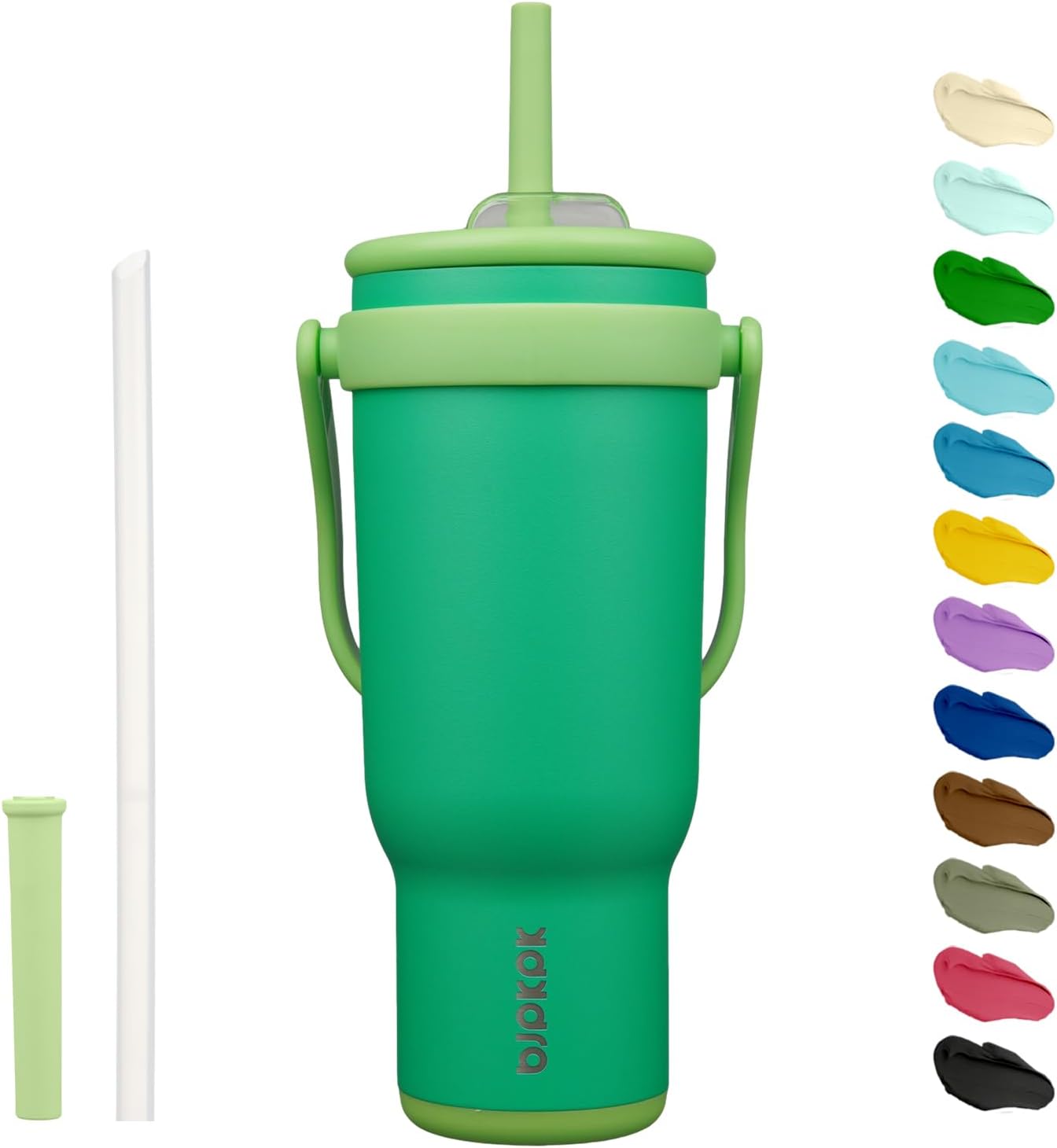 14 oz Insulated Water Bottle with Handle & Straw, Stainless Steel | Double Wall Vacuum, Leak Proof, Sweatproof, Wide Mouth, BPA Free, Dishwasher Safe, Keeps Cold/Hot, Travel, Green