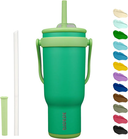 14 oz Insulated Water Bottle with Handle & Straw, Stainless Steel | Double Wall Vacuum, Leak Proof, Sweatproof, Wide Mouth, BPA Free, Dishwasher Safe, Keeps Cold/Hot, Travel, Green
