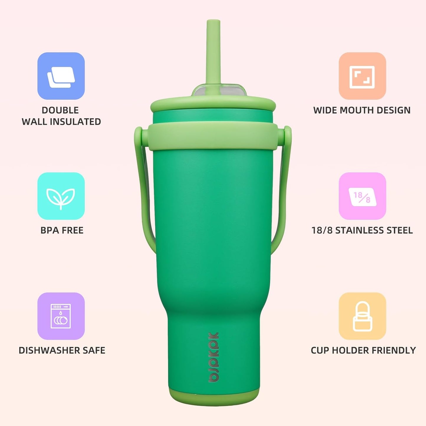 14 oz Insulated Water Bottle with Handle & Straw, Stainless Steel | Double Wall Vacuum, Leak Proof, Sweatproof, Wide Mouth, BPA Free, Dishwasher Safe, Keeps Cold/Hot, Travel, Green