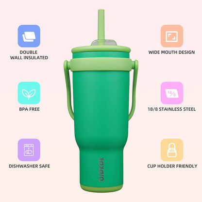14 oz Insulated Water Bottle with Handle & Straw, Stainless Steel | Double Wall Vacuum, Leak Proof, Sweatproof, Wide Mouth, BPA Free, Dishwasher Safe, Keeps Cold/Hot, Travel, Green