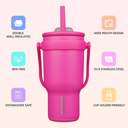 14 oz Insulated Water Bottle with Handle & Straw, Stainless Steel | Double Wall Vacuum, Leak Proof, Sweatproof, Wide Mouth, BPA Free, Dishwasher Safe, Keeps Cold/Hot, Travel, Green