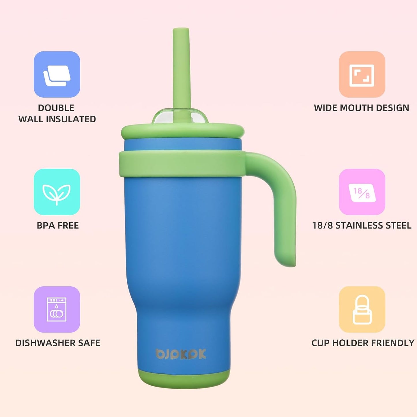 14 oz Insulated Water Bottle with Handle & Straw, Stainless Steel | Double Wall Vacuum, Leak Proof, Sweatproof, Wide Mouth, BPA Free, Dishwasher Safe, Keeps Cold/Hot, Travel, Green