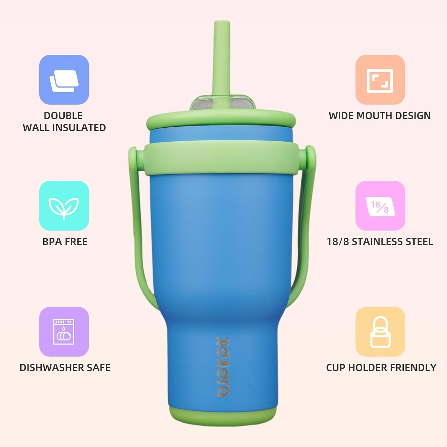 14 oz Insulated Water Bottle with Handle & Straw, Stainless Steel | Double Wall Vacuum, Leak Proof, Sweatproof, Wide Mouth, BPA Free, Dishwasher Safe, Keeps Cold/Hot, Travel, Green