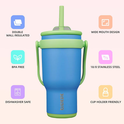 14 oz Insulated Water Bottle with Handle & Straw, Stainless Steel | Double Wall Vacuum, Leak Proof, Sweatproof, Wide Mouth, BPA Free, Dishwasher Safe, Keeps Cold/Hot, Travel, Green