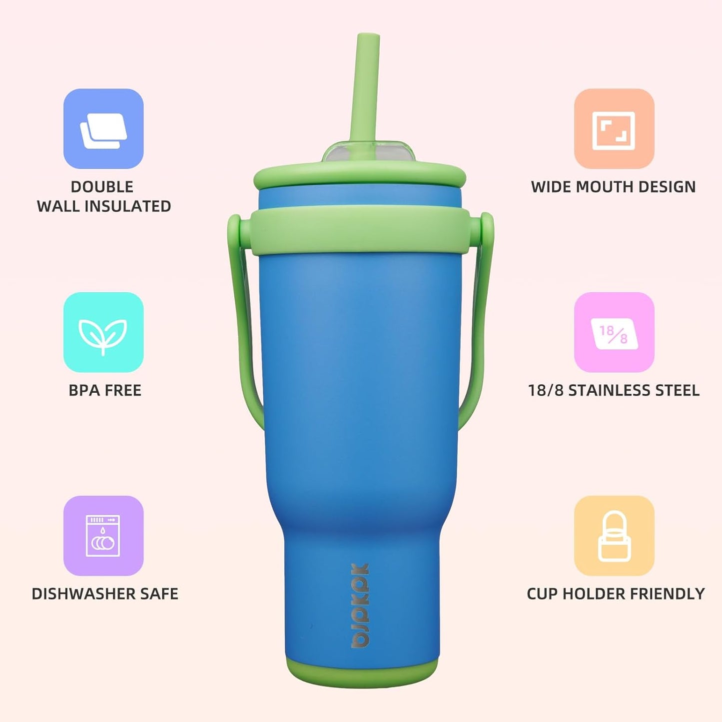 14 oz Insulated Water Bottle with Handle & Straw, Stainless Steel | Double Wall Vacuum, Leak Proof, Sweatproof, Wide Mouth, BPA Free, Dishwasher Safe, Keeps Cold/Hot, Travel, Green