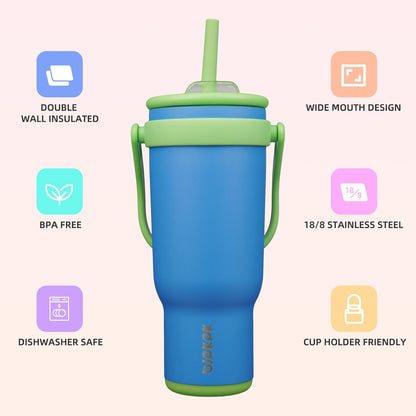 14 oz Insulated Water Bottle with Handle & Straw, Stainless Steel | Double Wall Vacuum, Leak Proof, Sweatproof, Wide Mouth, BPA Free, Dishwasher Safe, Keeps Cold/Hot, Travel, Green