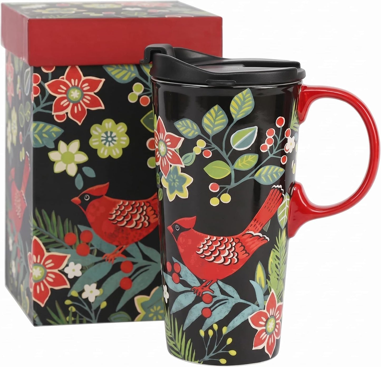 17oz Ceramic Travel Mug with Lid, Goldfinch Bird Coffee Mug, Large Floral Tea Cup with Handle, Microwave & Dishwasher Safe, Gift Box Included | Splash-resistant lid • Comfortable grip • Smooth ceramic finish • Easy cleaning • Gift box included