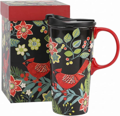 17oz Ceramic Travel Mug with Lid, Goldfinch Bird Coffee Mug, Large Floral Tea Cup with Handle, Microwave & Dishwasher Safe, Gift Box Included | Splash-resistant lid • Comfortable grip • Smooth ceramic finish • Easy cleaning • Gift box included
