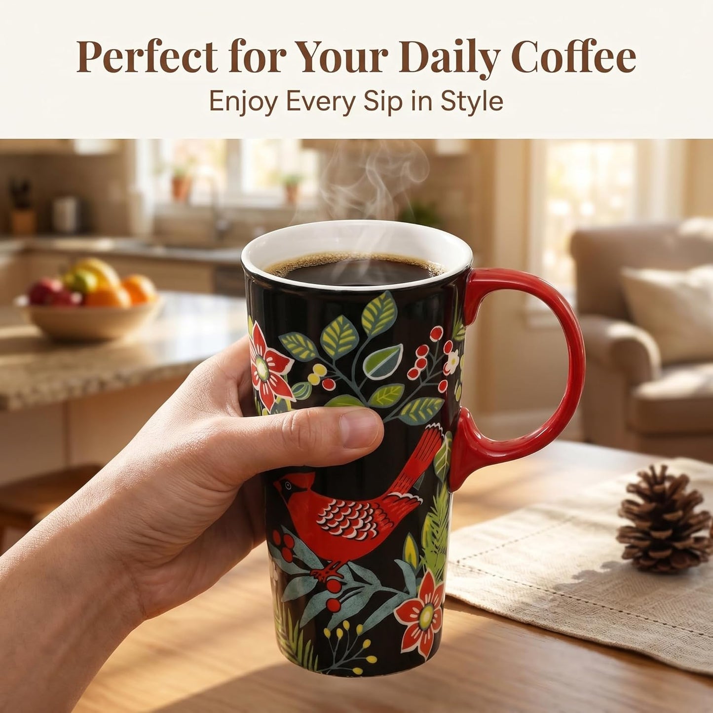17oz Ceramic Travel Mug with Lid, Goldfinch Bird Coffee Mug, Large Floral Tea Cup with Handle, Microwave & Dishwasher Safe, Gift Box Included | Splash-resistant lid • Comfortable grip • Smooth ceramic finish • Easy cleaning • Gift box included