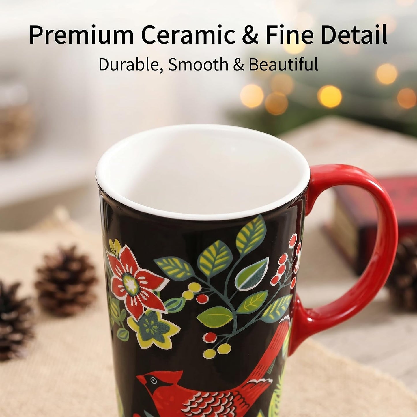 17oz Ceramic Travel Mug with Lid, Goldfinch Bird Coffee Mug, Large Floral Tea Cup with Handle, Microwave & Dishwasher Safe, Gift Box Included | Splash-resistant lid • Comfortable grip • Smooth ceramic finish • Easy cleaning • Gift box included