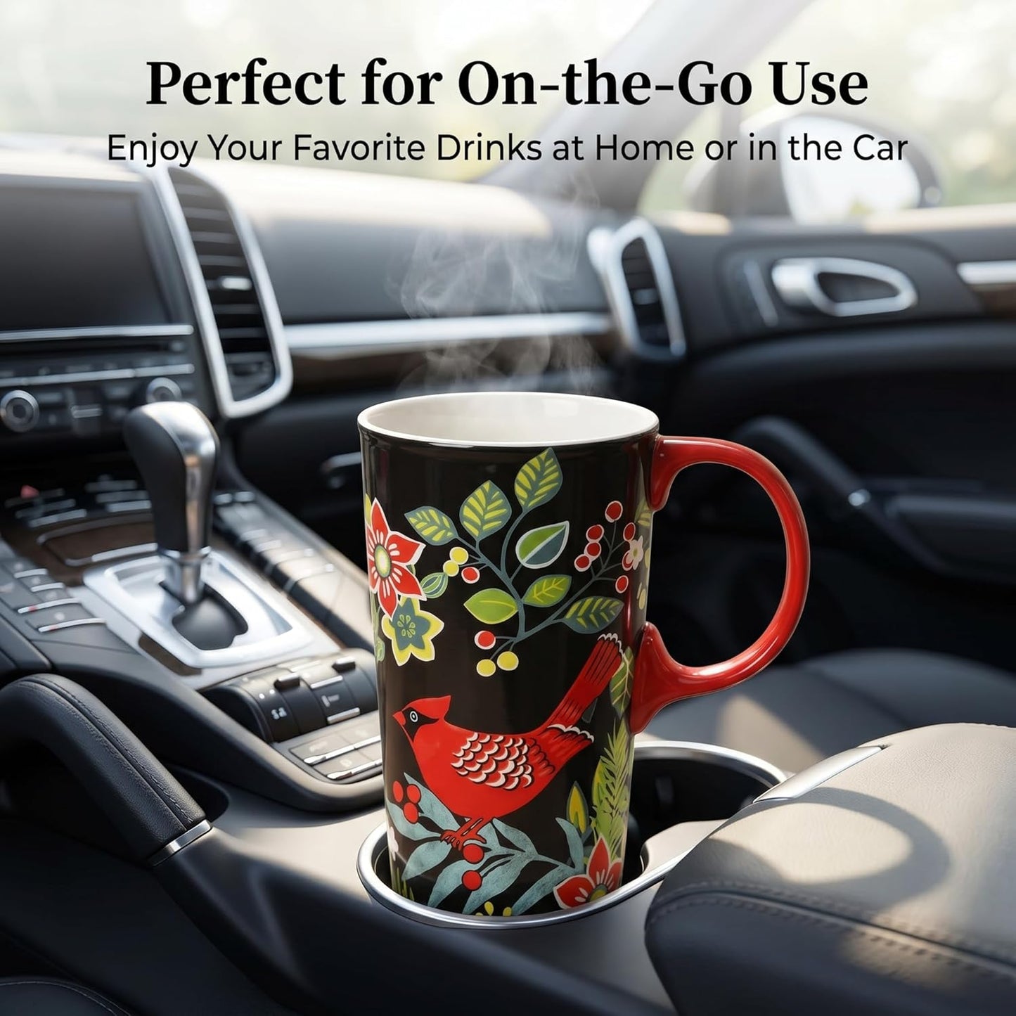 17oz Ceramic Travel Mug with Lid, Goldfinch Bird Coffee Mug, Large Floral Tea Cup with Handle, Microwave & Dishwasher Safe, Gift Box Included | Splash-resistant lid • Comfortable grip • Smooth ceramic finish • Easy cleaning • Gift box included