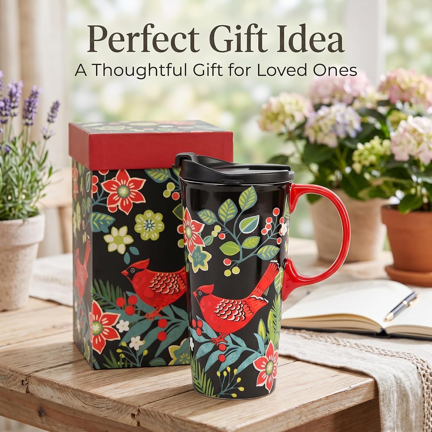 17oz Ceramic Travel Mug with Lid, Goldfinch Bird Coffee Mug, Large Floral Tea Cup with Handle, Microwave & Dishwasher Safe, Gift Box Included | Splash-resistant lid • Comfortable grip • Smooth ceramic finish • Easy cleaning • Gift box included
