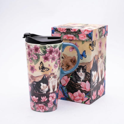 17oz Ceramic Travel Mug with Lid, Goldfinch Bird Coffee Mug, Large Floral Tea Cup with Handle, Microwave & Dishwasher Safe, Gift Box Included | Splash-resistant lid • Comfortable grip • Smooth ceramic finish • Easy cleaning • Gift box included