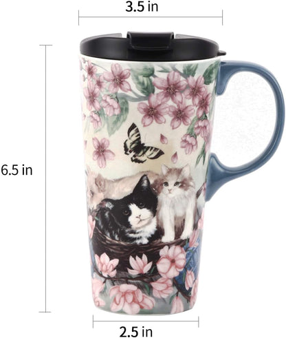 17oz Ceramic Travel Mug with Lid, Goldfinch Bird Coffee Mug, Large Floral Tea Cup with Handle, Microwave & Dishwasher Safe, Gift Box Included | Splash-resistant lid • Comfortable grip • Smooth ceramic finish • Easy cleaning • Gift box included