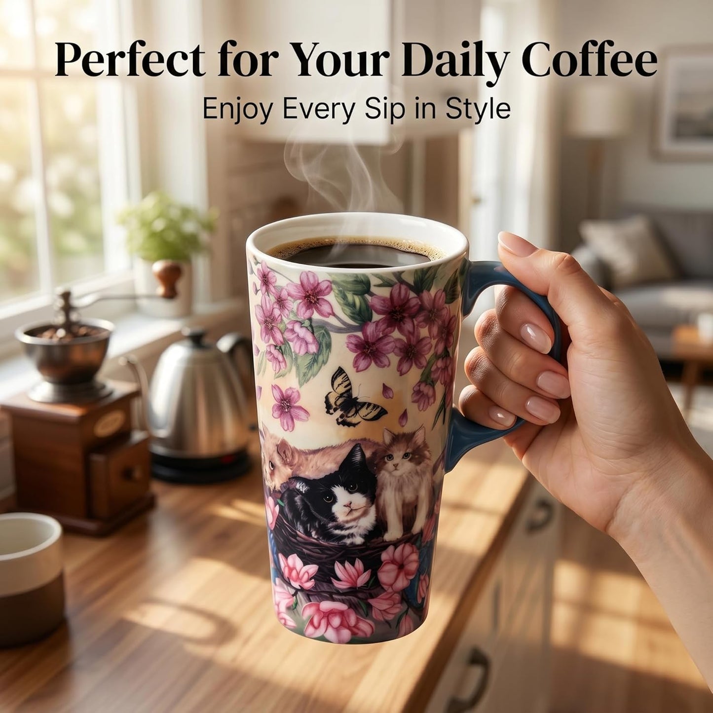 17oz Ceramic Travel Mug with Lid, Goldfinch Bird Coffee Mug, Large Floral Tea Cup with Handle, Microwave & Dishwasher Safe, Gift Box Included | Splash-resistant lid • Comfortable grip • Smooth ceramic finish • Easy cleaning • Gift box included