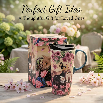 17oz Ceramic Travel Mug with Lid, Goldfinch Bird Coffee Mug, Large Floral Tea Cup with Handle, Microwave & Dishwasher Safe, Gift Box Included | Splash-resistant lid • Comfortable grip • Smooth ceramic finish • Easy cleaning • Gift box included