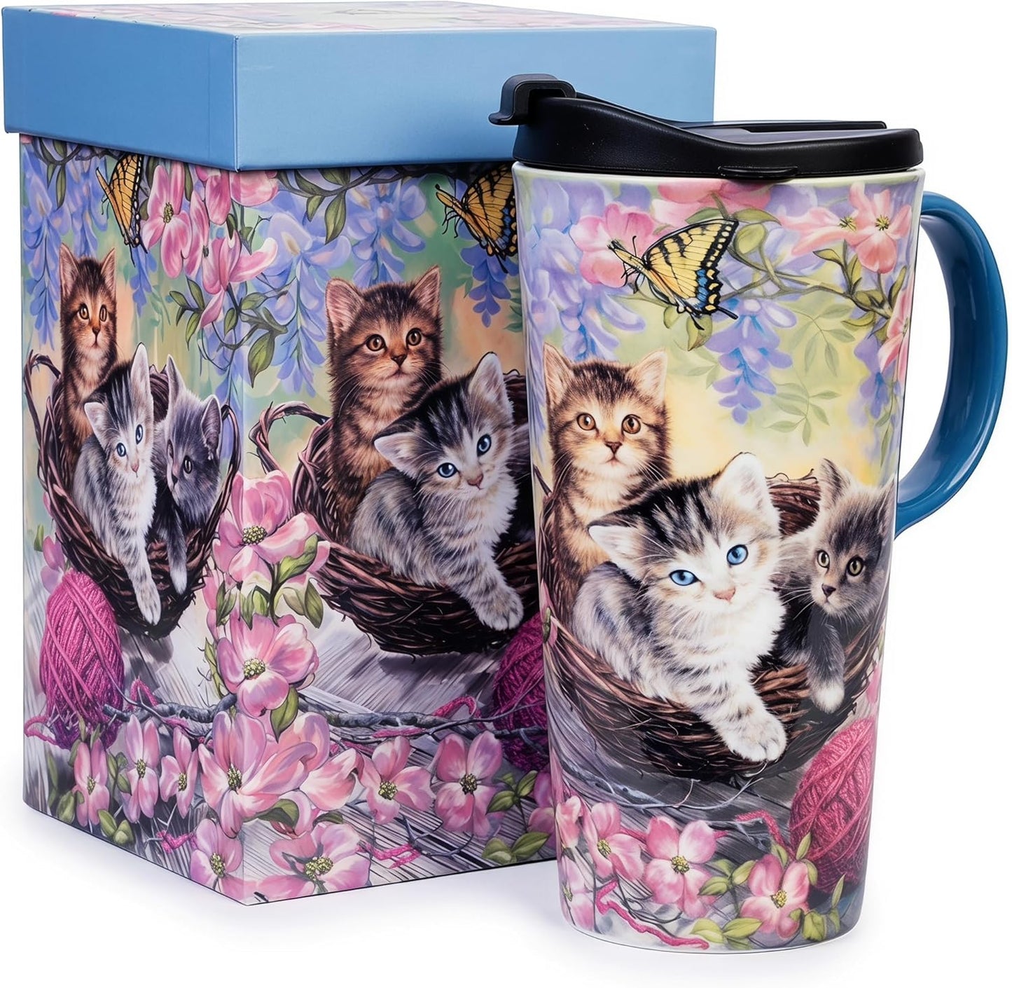 17oz Ceramic Travel Mug with Lid, Goldfinch Bird Coffee Mug, Large Floral Tea Cup with Handle, Microwave & Dishwasher Safe, Gift Box Included | Splash-resistant lid • Comfortable grip • Smooth ceramic finish • Easy cleaning • Gift box included