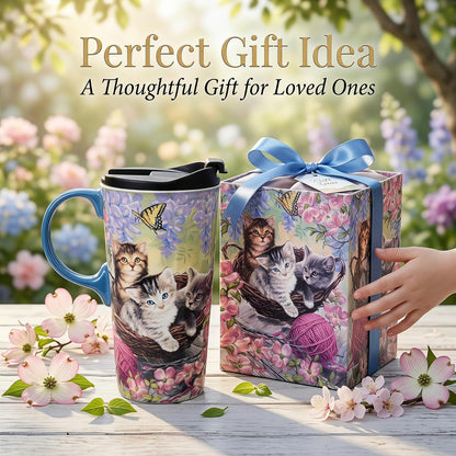 17oz Ceramic Travel Mug with Lid, Goldfinch Bird Coffee Mug, Large Floral Tea Cup with Handle, Microwave & Dishwasher Safe, Gift Box Included | Splash-resistant lid • Comfortable grip • Smooth ceramic finish • Easy cleaning • Gift box included