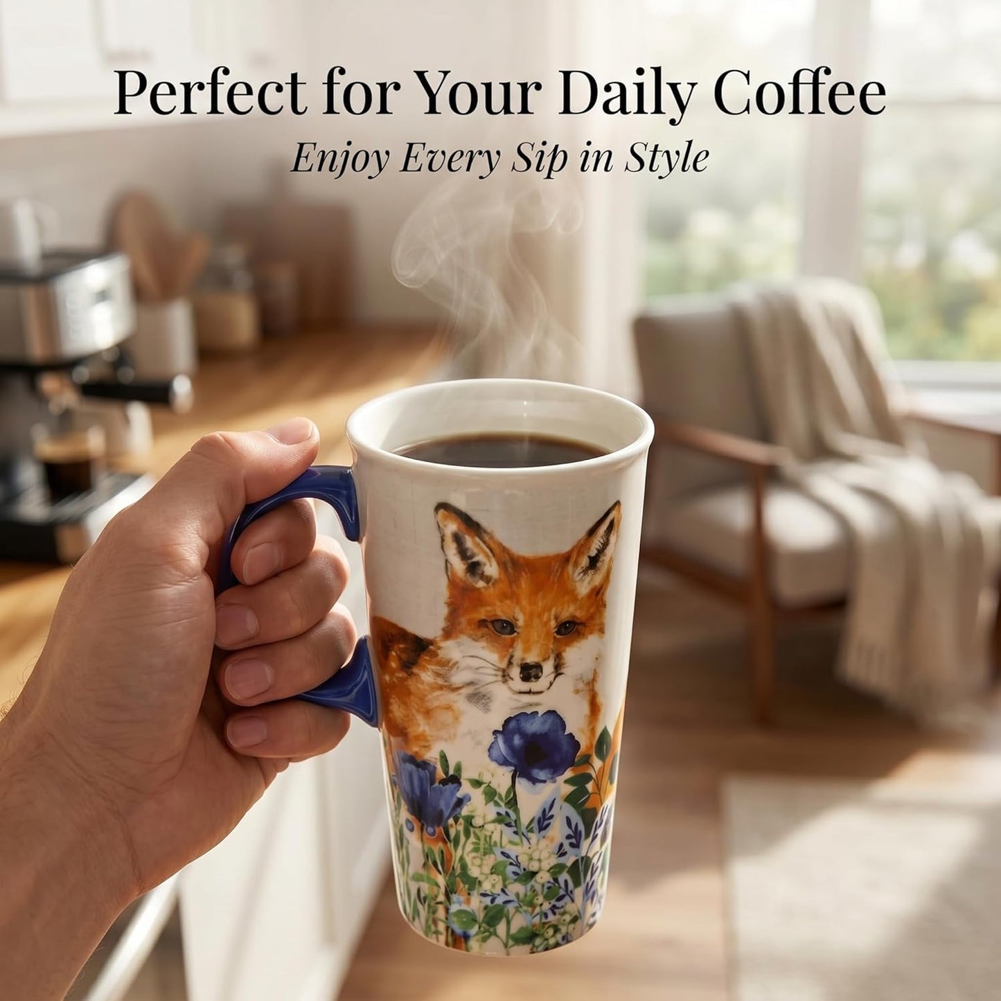 17oz Ceramic Travel Mug with Lid, Goldfinch Bird Coffee Mug, Large Floral Tea Cup with Handle, Microwave & Dishwasher Safe, Gift Box Included | Splash-resistant lid • Comfortable grip • Smooth ceramic finish • Easy cleaning • Gift box included