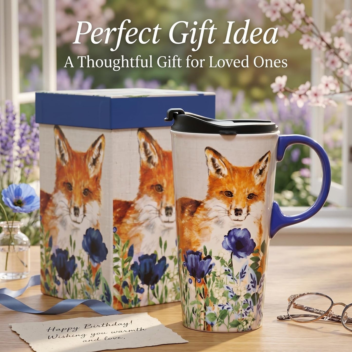 17oz Ceramic Travel Mug with Lid, Goldfinch Bird Coffee Mug, Large Floral Tea Cup with Handle, Microwave & Dishwasher Safe, Gift Box Included | Splash-resistant lid • Comfortable grip • Smooth ceramic finish • Easy cleaning • Gift box included