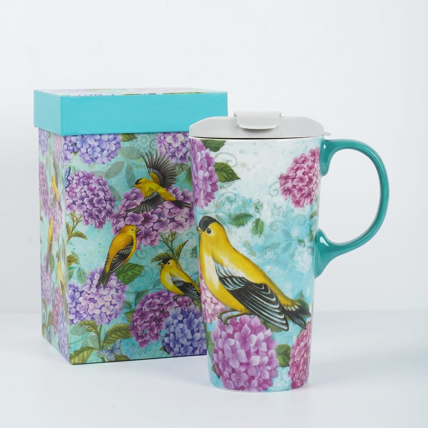 17oz Ceramic Travel Mug with Lid, Goldfinch Bird Coffee Mug, Large Floral Tea Cup with Handle, Microwave & Dishwasher Safe, Gift Box Included | Splash-resistant lid • Comfortable grip • Smooth ceramic finish • Easy cleaning • Gift box included