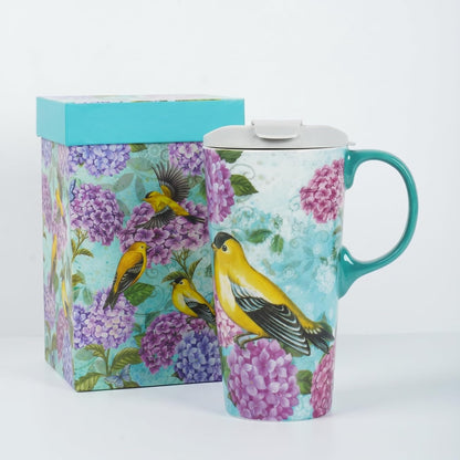 17oz Ceramic Travel Mug with Lid, Goldfinch Bird Coffee Mug, Large Floral Tea Cup with Handle, Microwave & Dishwasher Safe, Gift Box Included | Splash-resistant lid • Comfortable grip • Smooth ceramic finish • Easy cleaning • Gift box included