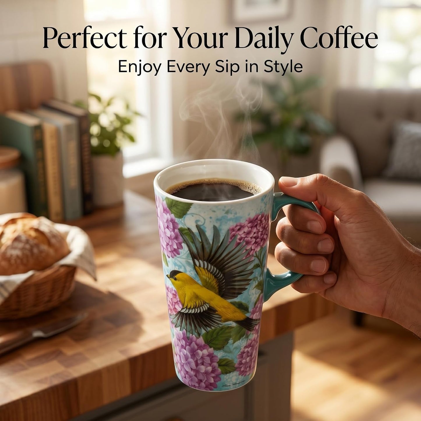 17oz Ceramic Travel Mug with Lid, Goldfinch Bird Coffee Mug, Large Floral Tea Cup with Handle, Microwave & Dishwasher Safe, Gift Box Included | Splash-resistant lid • Comfortable grip • Smooth ceramic finish • Easy cleaning • Gift box included