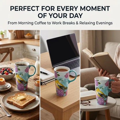 17oz Ceramic Travel Mug with Lid, Goldfinch Bird Coffee Mug, Large Floral Tea Cup with Handle, Microwave & Dishwasher Safe, Gift Box Included | Splash-resistant lid • Comfortable grip • Smooth ceramic finish • Easy cleaning • Gift box included