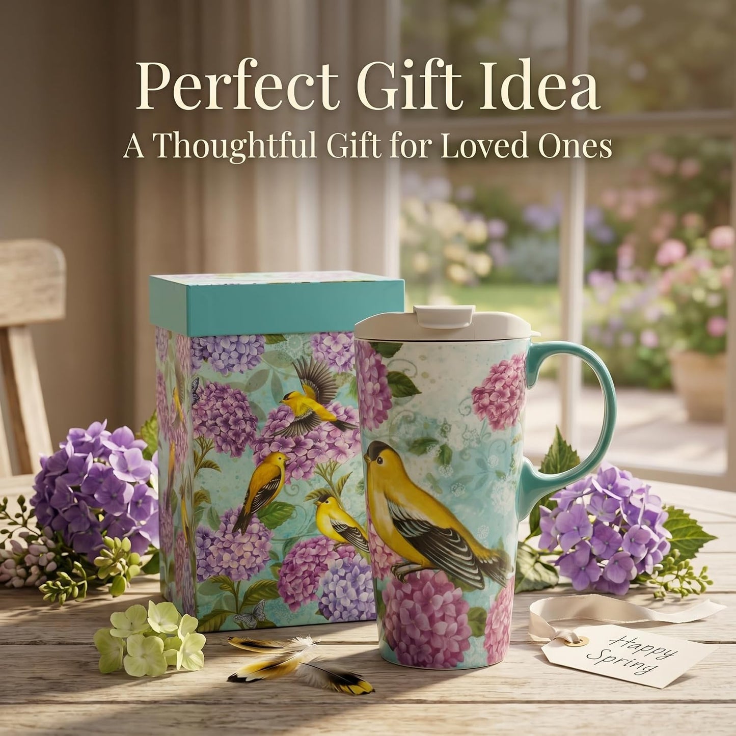 17oz Ceramic Travel Mug with Lid, Goldfinch Bird Coffee Mug, Large Floral Tea Cup with Handle, Microwave & Dishwasher Safe, Gift Box Included | Splash-resistant lid • Comfortable grip • Smooth ceramic finish • Easy cleaning • Gift box included