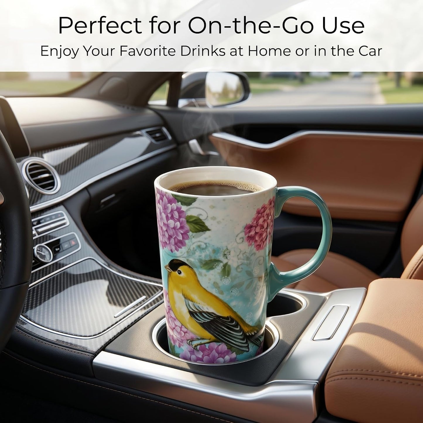 17oz Ceramic Travel Mug with Lid, Goldfinch Bird Coffee Mug, Large Floral Tea Cup with Handle, Microwave & Dishwasher Safe, Gift Box Included | Splash-resistant lid • Comfortable grip • Smooth ceramic finish • Easy cleaning • Gift box included
