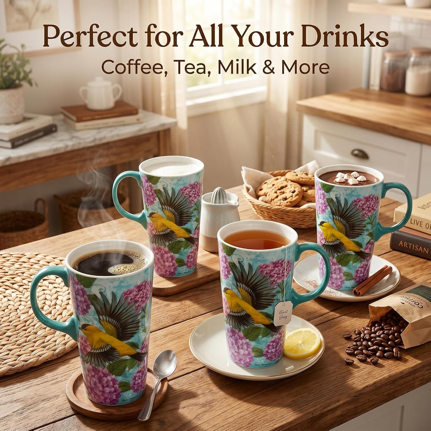 17oz Ceramic Travel Mug with Lid, Goldfinch Bird Coffee Mug, Large Floral Tea Cup with Handle, Microwave & Dishwasher Safe, Gift Box Included | Splash-resistant lid • Comfortable grip • Smooth ceramic finish • Easy cleaning • Gift box included
