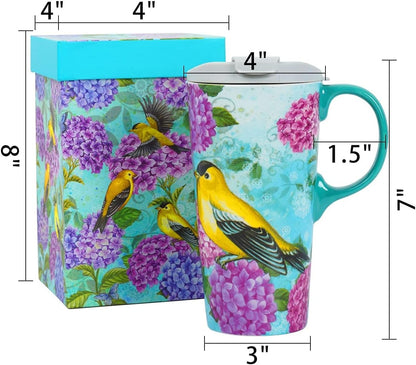 17oz Ceramic Travel Mug with Lid, Goldfinch Bird Coffee Mug, Large Floral Tea Cup with Handle, Microwave & Dishwasher Safe, Gift Box Included | Splash-resistant lid • Comfortable grip • Smooth ceramic finish • Easy cleaning • Gift box included
