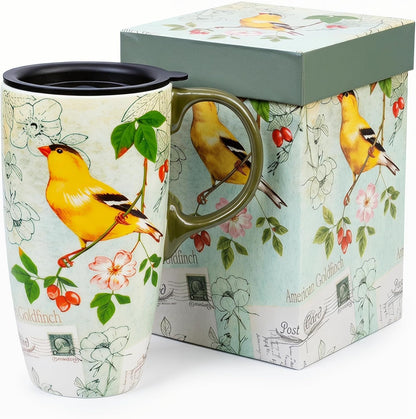 17oz Ceramic Travel Mug with Lid, Goldfinch Bird Coffee Mug, Large Floral Tea Cup with Handle, Microwave & Dishwasher Safe, Gift Box Included | Splash-resistant lid • Comfortable grip • Smooth ceramic finish • Easy cleaning • Gift box included