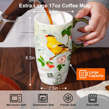 17oz Ceramic Travel Mug with Lid, Goldfinch Bird Coffee Mug, Large Floral Tea Cup with Handle, Microwave & Dishwasher Safe, Gift Box Included | Splash-resistant lid • Comfortable grip • Smooth ceramic finish • Easy cleaning • Gift box included