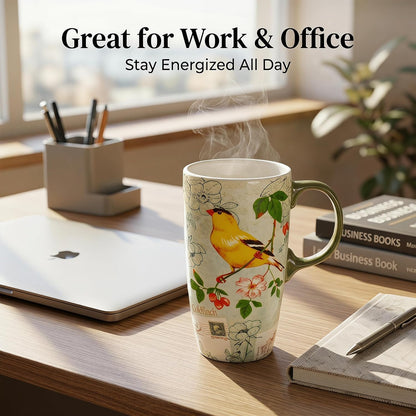 17oz Ceramic Travel Mug with Lid, Goldfinch Bird Coffee Mug, Large Floral Tea Cup with Handle, Microwave & Dishwasher Safe, Gift Box Included | Splash-resistant lid • Comfortable grip • Smooth ceramic finish • Easy cleaning • Gift box included