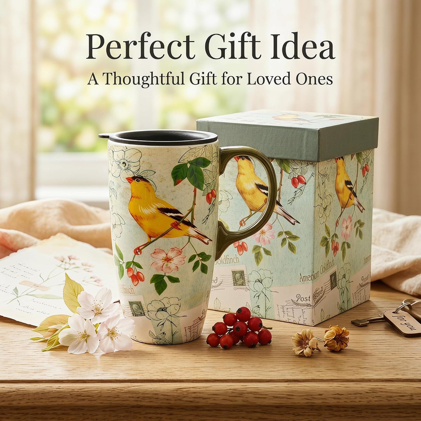 17oz Ceramic Travel Mug with Lid, Goldfinch Bird Coffee Mug, Large Floral Tea Cup with Handle, Microwave & Dishwasher Safe, Gift Box Included | Splash-resistant lid • Comfortable grip • Smooth ceramic finish • Easy cleaning • Gift box included