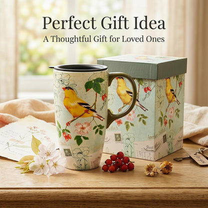 17oz Ceramic Travel Mug with Lid, Goldfinch Bird Coffee Mug, Large Floral Tea Cup with Handle, Microwave & Dishwasher Safe, Gift Box Included | Splash-resistant lid • Comfortable grip • Smooth ceramic finish • Easy cleaning • Gift box included