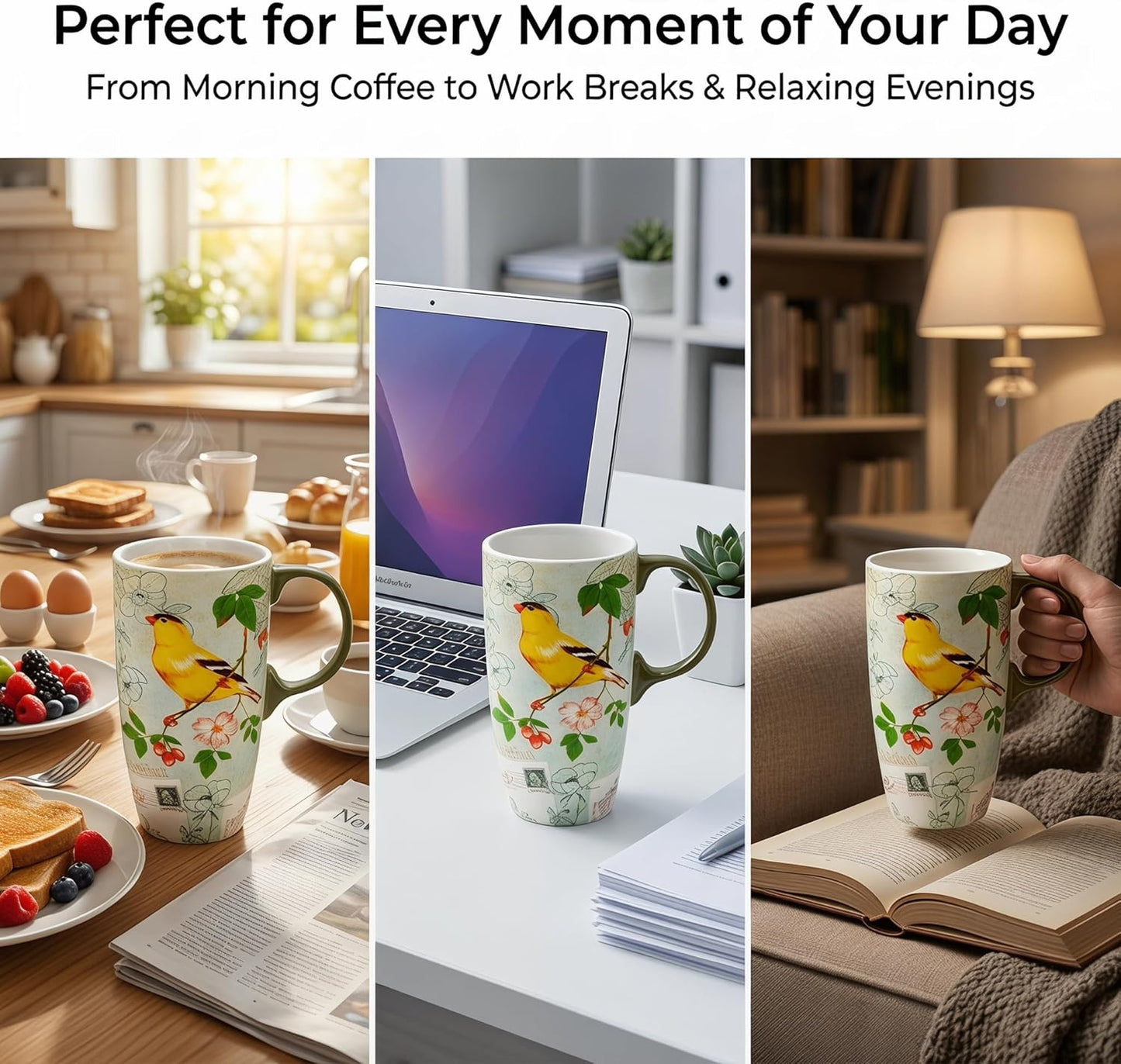 17oz Ceramic Travel Mug with Lid, Goldfinch Bird Coffee Mug, Large Floral Tea Cup with Handle, Microwave & Dishwasher Safe, Gift Box Included | Splash-resistant lid • Comfortable grip • Smooth ceramic finish • Easy cleaning • Gift box included