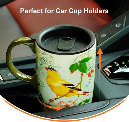 17oz Ceramic Travel Mug with Lid, Goldfinch Bird Coffee Mug, Large Floral Tea Cup with Handle, Microwave & Dishwasher Safe, Gift Box Included | Splash-resistant lid • Comfortable grip • Smooth ceramic finish • Easy cleaning • Gift box included