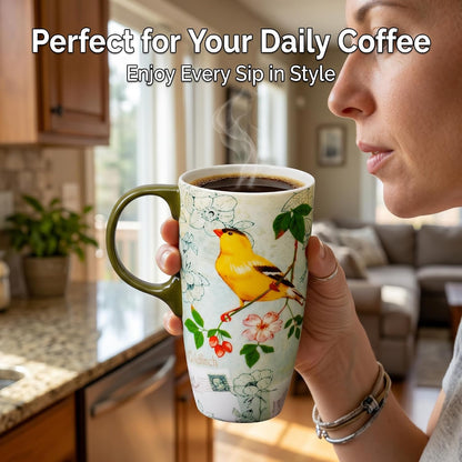 17oz Ceramic Travel Mug with Lid, Goldfinch Bird Coffee Mug, Large Floral Tea Cup with Handle, Microwave & Dishwasher Safe, Gift Box Included | Splash-resistant lid • Comfortable grip • Smooth ceramic finish • Easy cleaning • Gift box included