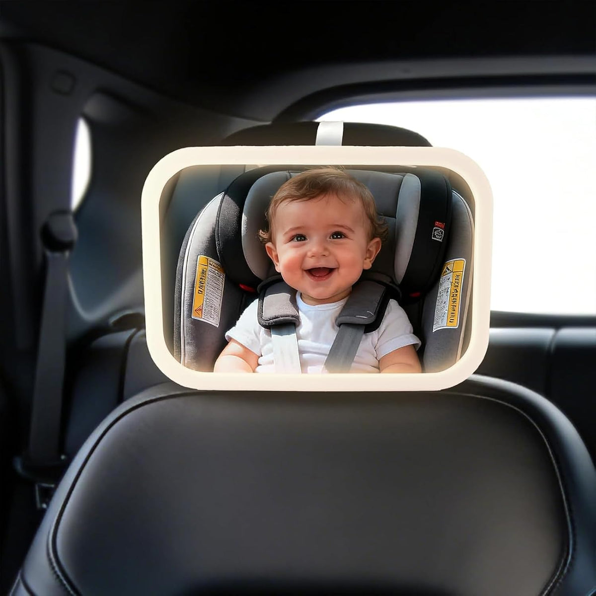 Baby Car Mirror, Wide View, Voice Control Light, Easy Install, White