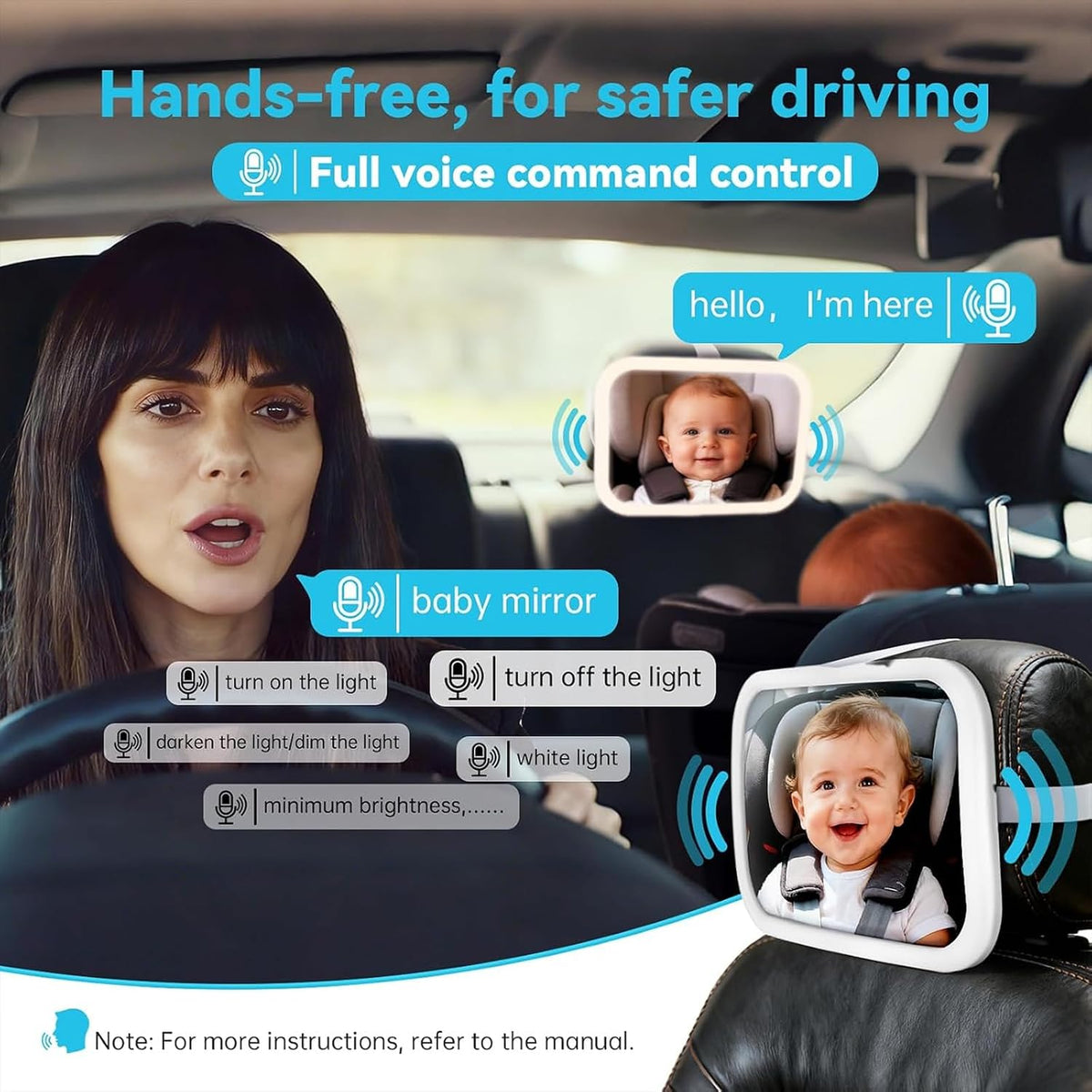 Baby Car Mirror, Wide View, Voice Control Light, Easy Install, White