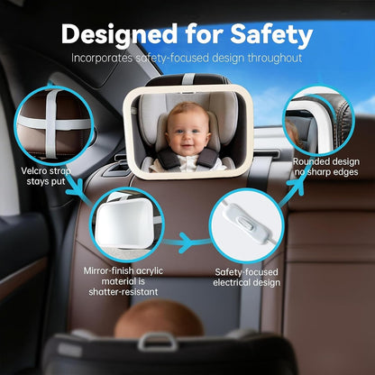 Baby Car Mirror, Wide View, Voice Control Light, Easy Install, White